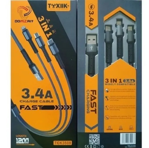 CABLE TOXIIK TOK3508 TRES EN UNO 1.2M 3.4A IPHONE V8 TIPO C